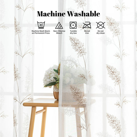 Sonive 2 Piece White Leaf Sheer Curtain, Botanical Embroidered Window Curtain Panels for Bedroom Living Room