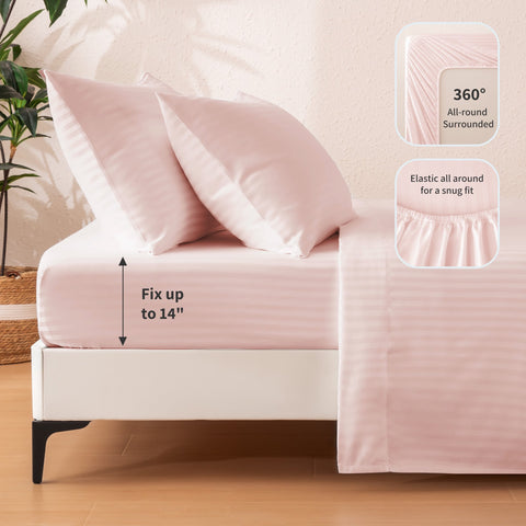 Sonive Striped Satin Jacquard Sheet Set, 4 Pcs Luxury Silky Bedding Set with Deep Pocket for Mattress