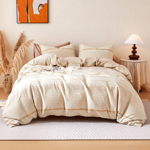 Sonive Boho Duvet Cover Set Modern Classic Beige Woven Jacquard Duvet Cover Set