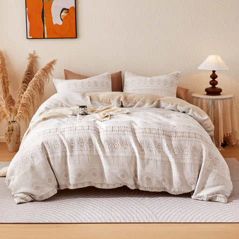 Sonive Boho Duvet Cover Set Modern Classic Beige Woven Jacquard Duvet Cover Set
