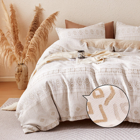 Sonive Boho Duvet Cover Set Modern Classic Beige Woven Jacquard Duvet Cover Set