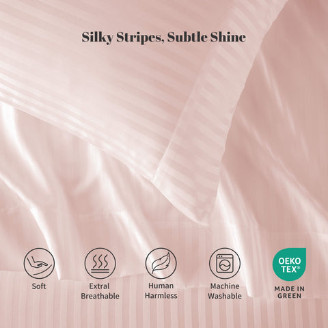 Sonive Striped Satin Jacquard Sheet Set, 4 Pcs Luxury Silky Bedding Set with Deep Pocket for Mattress