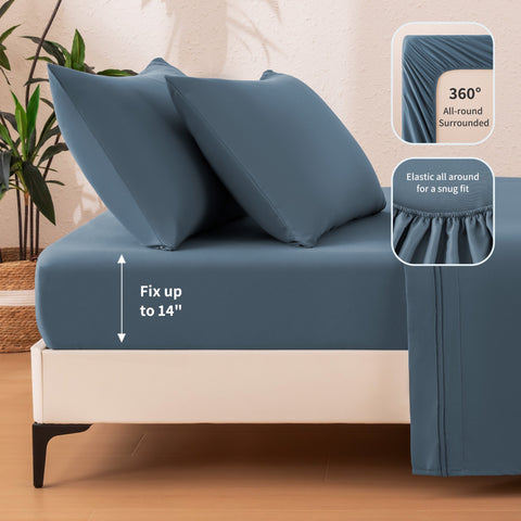 Sonive Hotel Collection Minimalist Bedding Set Full Size Flint Stone Blue, 4 Pcs Lightweight Breathable Embroidered Sheets and Pillowcases All-Season