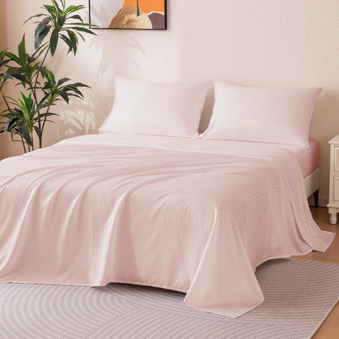 Sonive Striped Satin Jacquard Sheet Set, 4 Pcs Luxury Silky Bedding Set with Deep Pocket for Mattress