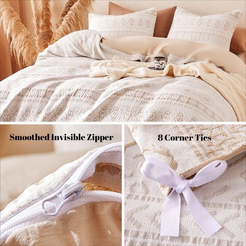 Sonive Boho Duvet Cover Set Modern Classic Beige Woven Jacquard Duvet Cover Set