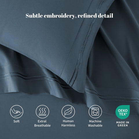 Sonive Hotel Collection Minimalist Bedding Set Full Size Flint Stone Blue, 4 Pcs Lightweight Breathable Embroidered Sheets and Pillowcases All-Season