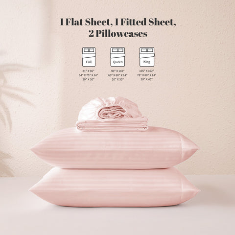 Sonive Striped Satin Jacquard Sheet Set, 4 Pcs Luxury Silky Bedding Set with Deep Pocket for Mattress