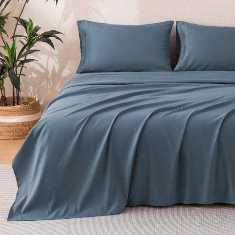 Sonive Hotel Collection Minimalist Bedding Set Full Size Flint Stone Blue, 4 Pcs Lightweight Breathable Embroidered Sheets and Pillowcases All-Season