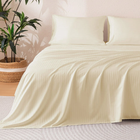 Sonive Striped Satin Jacquard Sheet Set, 4 Pcs Luxury Silky Bedding Set with Deep Pocket for Mattress