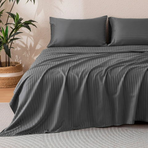 Sonive Striped Satin Jacquard Sheet Set, 4 Pcs Luxury Silky Bedding Set with Deep Pocket for Mattress
