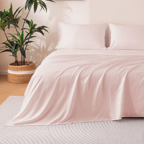 Sonive Striped Satin Jacquard Sheet Set, 4 Pcs Luxury Silky Bedding Set with Deep Pocket for Mattress