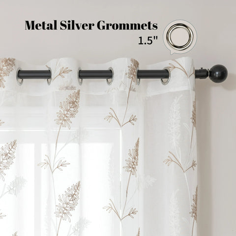Sonive 2 Piece White Leaf Sheer Curtain, Botanical Embroidered Window Curtain Panels for Bedroom Living Room