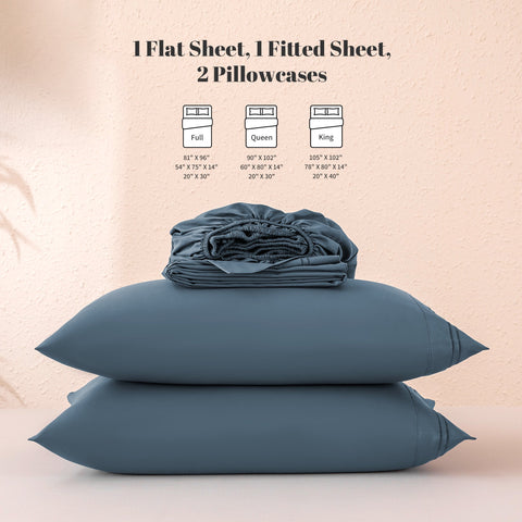 Sonive Hotel Collection Minimalist Bedding Set Full Size Flint Stone Blue, 4 Pcs Lightweight Breathable Embroidered Sheets and Pillowcases All-Season