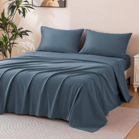 Sonive Hotel Collection Minimalist Bedding Set Full Size Flint Stone Blue, 4 Pcs Lightweight Breathable Embroidered Sheets and Pillowcases All-Season